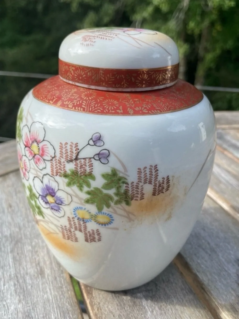 Vintage Japanese Floral Porcelain Ginger Jar Lid Urn